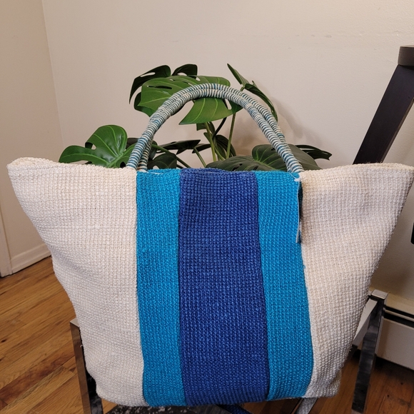 MixIt Multicolor Jute & Cotton Large Tote Bag Blue and Cream Tote Bag - Picture 2 of 15